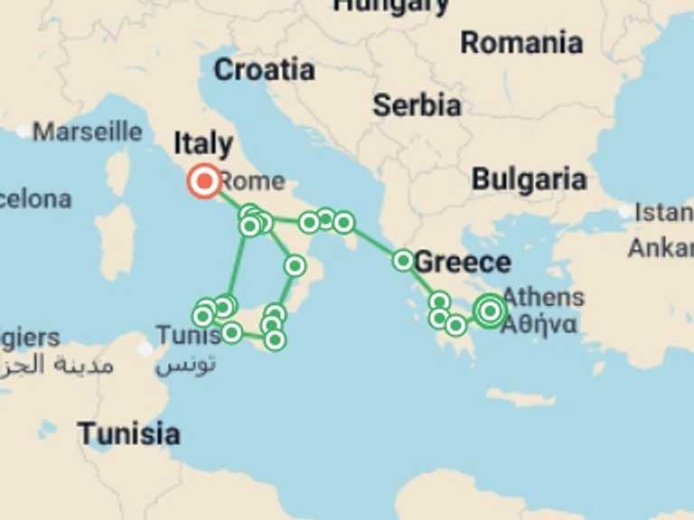 Map of a City sightseeing Tour with 9 destination visits for the trip: Athens, Peninsula and Complete Sicily