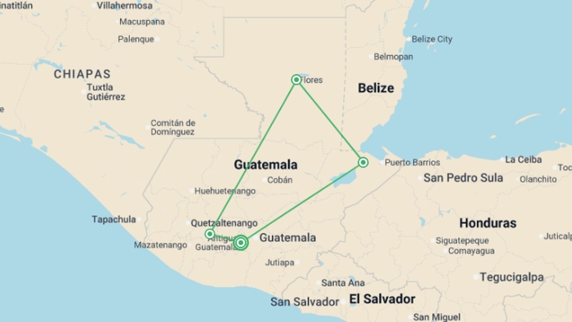 A map showing the tour itinerary for the trip: Solo-ish Guatemala, starting in Antigua, Guatemala and ending in Antigua, Guatemala going through 3 other destinations.