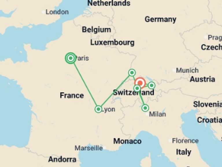 Map itinerary of Zurich Tour in February 2027 with 7 destination visits for the trip: France and Swiss Alps