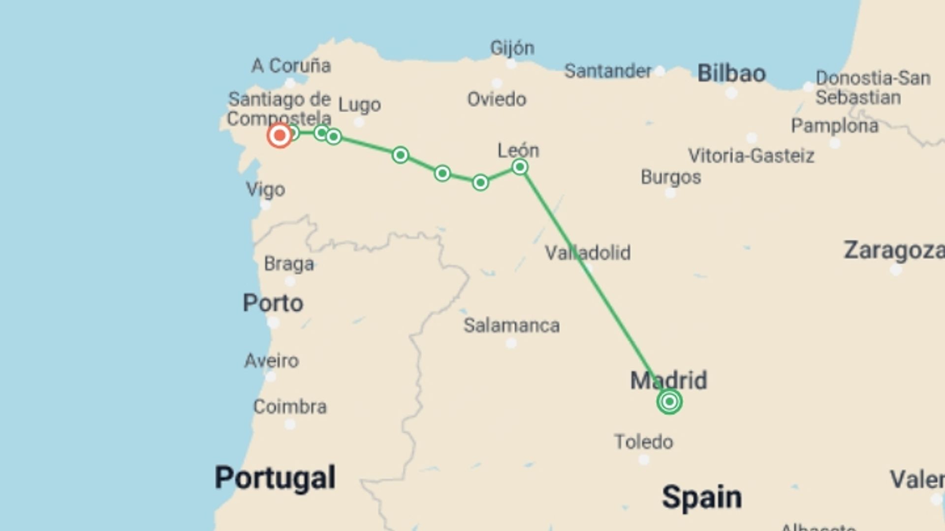 A map showing the tour itinerary for the trip: Walking the Camino de Santiago, starting in Madrid, Spain and ending in Santiago De Compostela, Spain going through 8 other destinations.