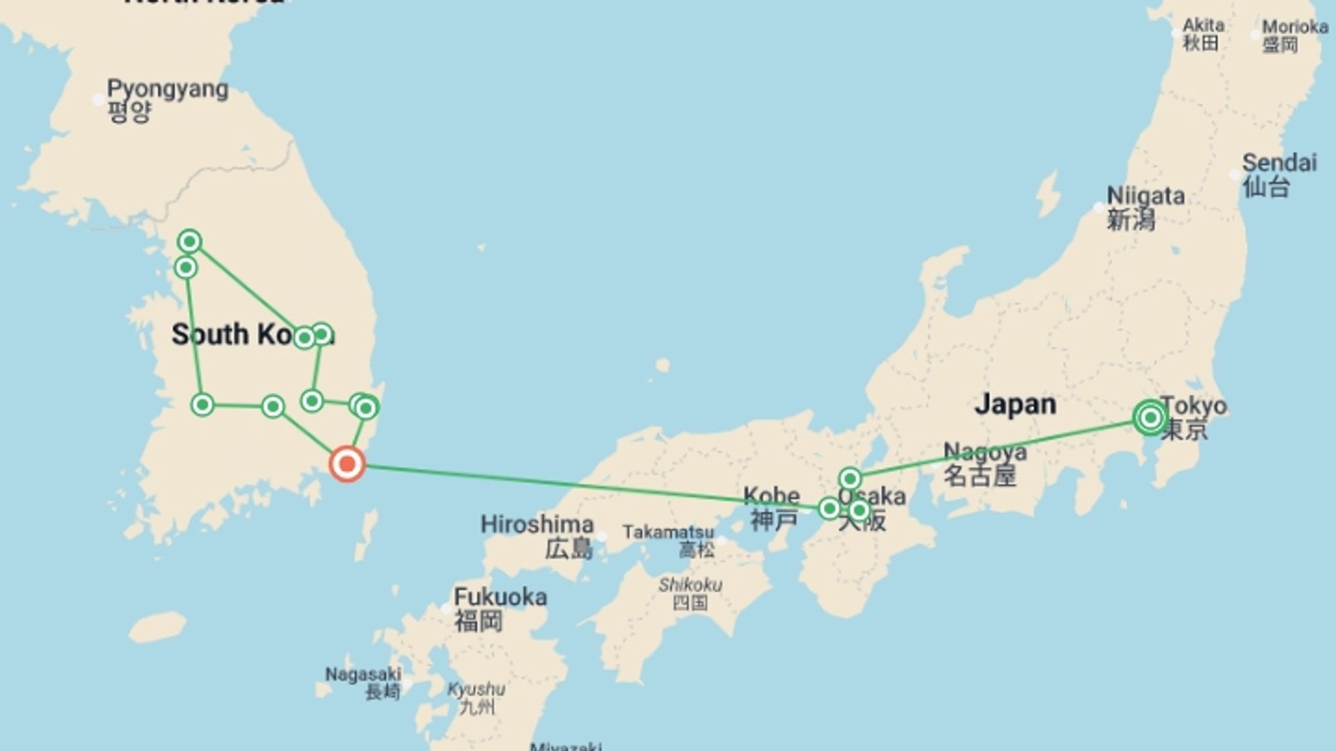 A map showing the tour itinerary for the trip: Exploring Japan and Korea, starting in Tokyo, Japan and ending in Busan, South Korea going through 5 other destinations.