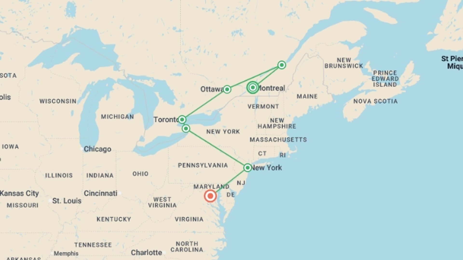 A map showing the tour itinerary for the trip: From Montreal to Washington, starting in Montreal, Canada and ending in Washington D.C., USA going through 5 other destinations.