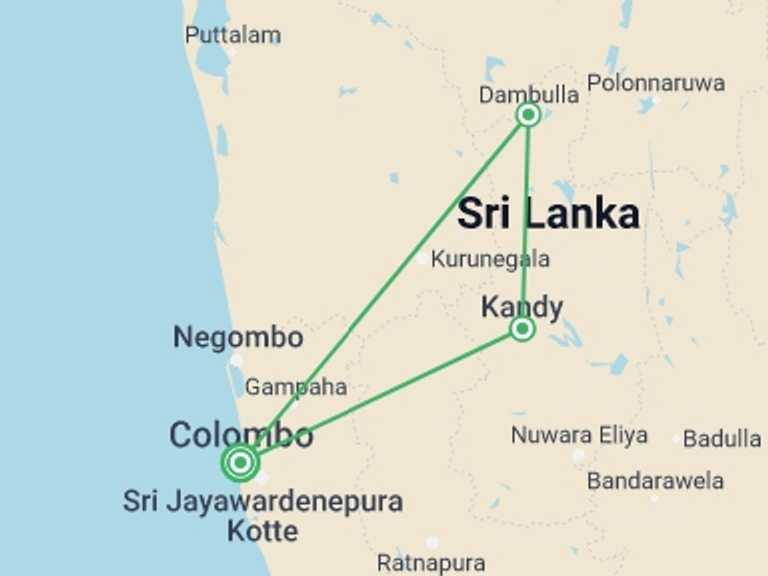 Map itinerary of Sri Lanka Tour in October 2026 with 3 destination visits for the trip: Sri Lanka In A Nutshell