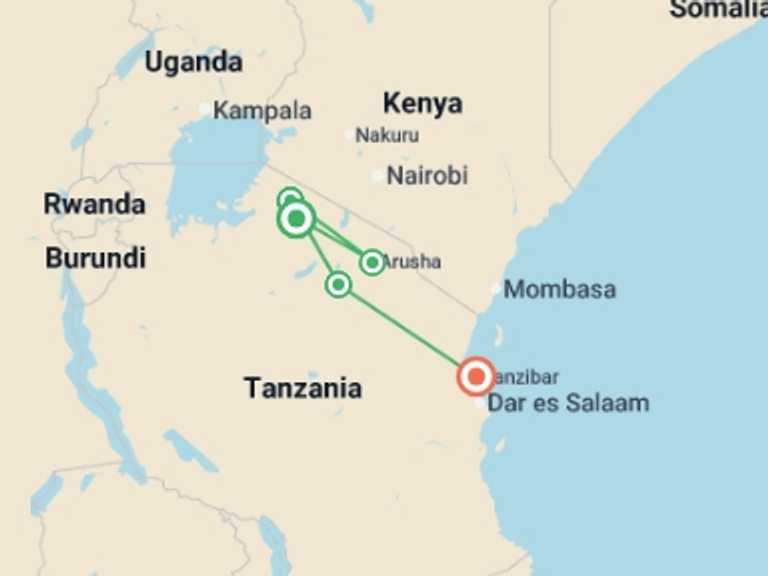 Map of Tanzania Tour with 5 destination visits for the trip: Zanzibar Safari Tour Wildebeest Migration Season