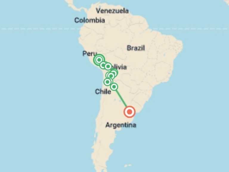 Map of South America Tour with 12 destination visits for the trip: Cusco to Buenos Aires