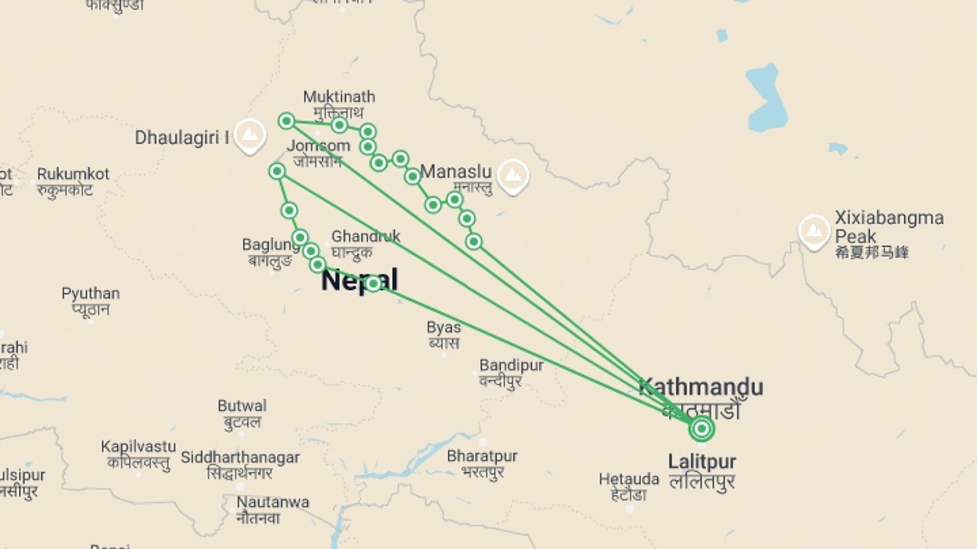 A map showing the tour itinerary for the trip: Annapurna Round Trek, starting in Kathmandu, Nepal and ending in Kathmandu, Nepal going through 17 other destinations.