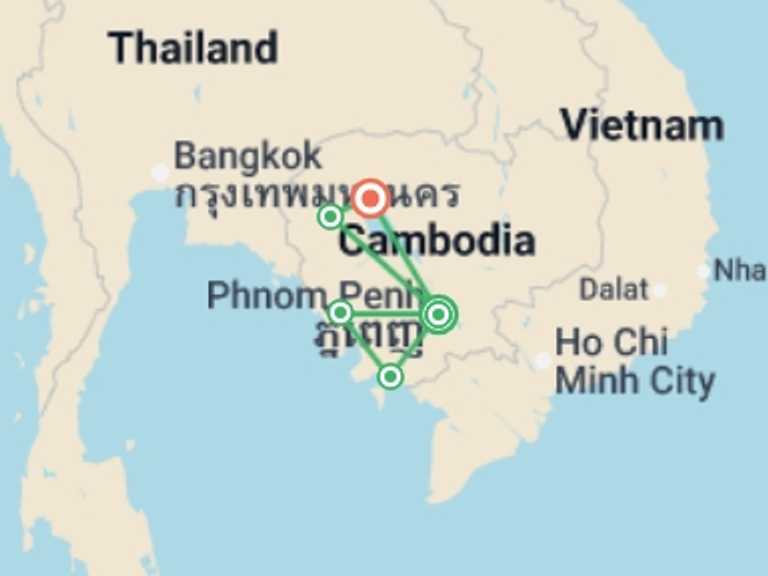 Map of Cambodia Tour with 5 destination visits for the trip: Cambodia Adventure