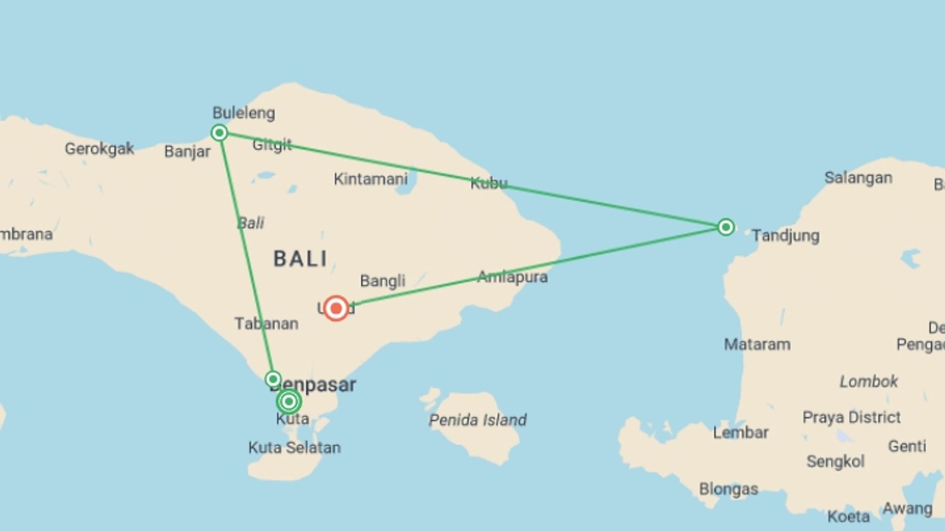 A map showing the tour itinerary for the trip: Bali & the Gili Islands  - 12 days, starting in Seminyak , Indonesia and ending in Ubud, Indonesia going through 4 other destinations.