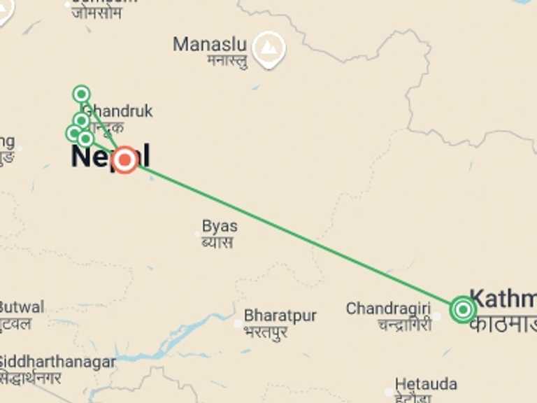 Map itinerary of Nepal Tour in Winter with 6 destination visits for the trip: Premium Hiking and Trekking in Nepal's Annapurna region
