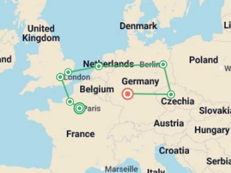 Map itinerary of Mediterranean Tour in July 2026 with 8 destination visits for the trip: Unforgettable Europe