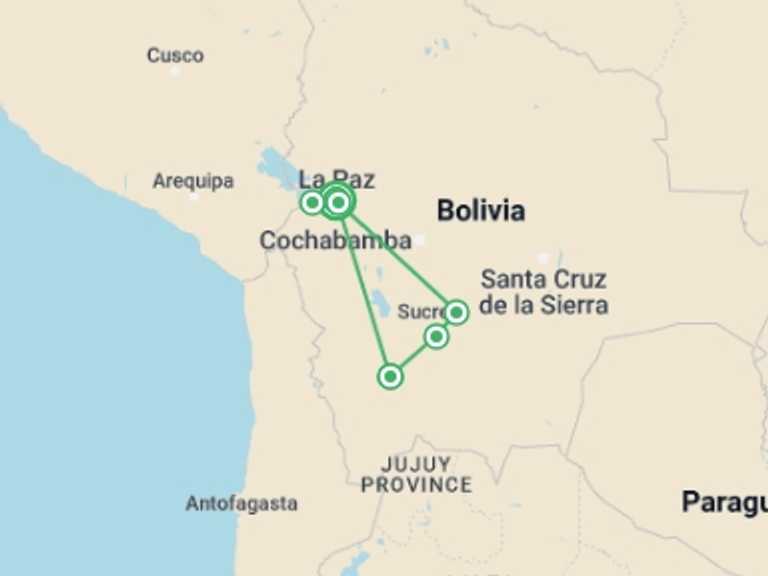 Map of Uyuni Natural landmarks sightseeing Tour with 5 destination visits for the trip: Bolivia Expedition