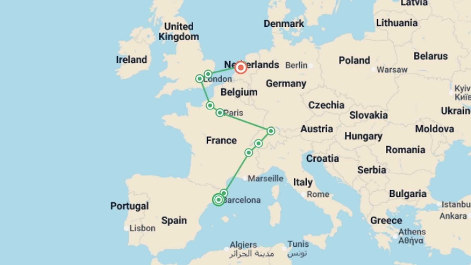 A map showing the tour itinerary for the trip: Green Panorama, starting in Barcelona, Spain and ending in Amsterdam, Holland going through 8 other destinations.