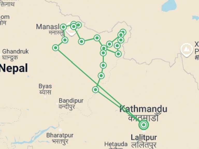 Map itinerary of Kathmandu Tour in Fall with 21 destination visits for the trip: Manaslu - Tsum Valley Trekking