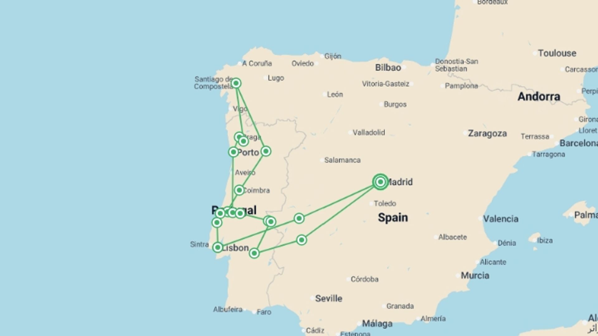 A map showing the tour itinerary for the trip: Northern and Southern Portugal, starting in Madrid, Spain and ending in Madrid, Spain going through 5 other destinations.