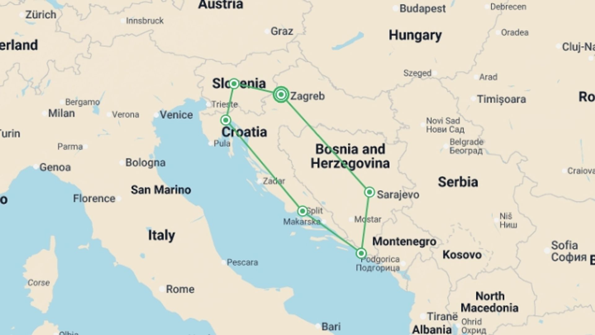 A map showing the tour itinerary for the trip: Croatia, Bosnia and Slovenia, starting in Zagreb, Croatia and ending in Zagreb, Croatia going through 5 other destinations.