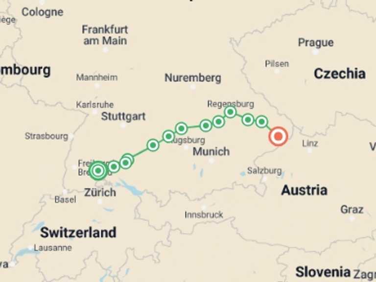 Map of 15-Day Europe Tour with 13 destination visits for the trip: The German Danube
