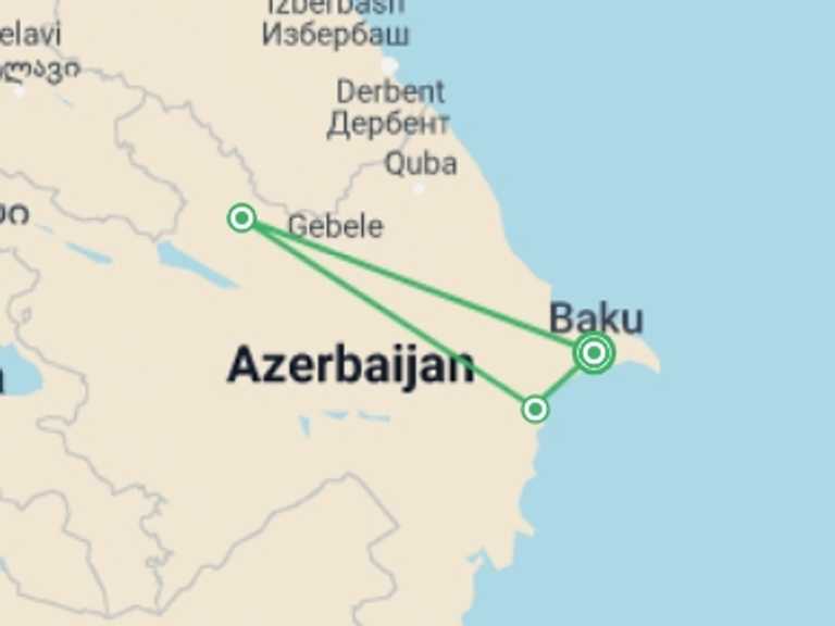 Map itinerary of Baku Tour in August 2026 with 3 destination visits for the trip: 8 day private tour in Azerbaijan