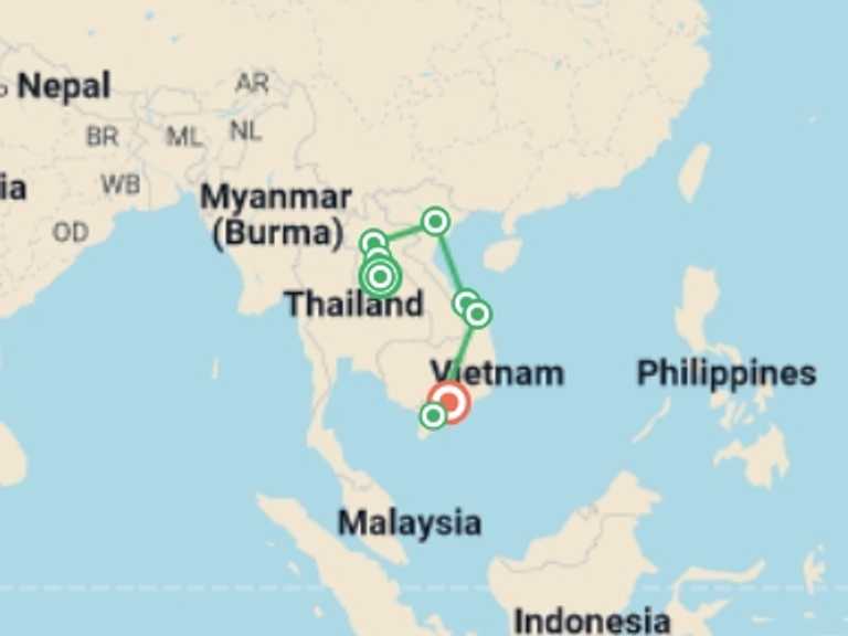 Map itinerary of Asia Tour in July 2026 with 8 destination visits for the trip: Laos to Vietnam - 16 Days