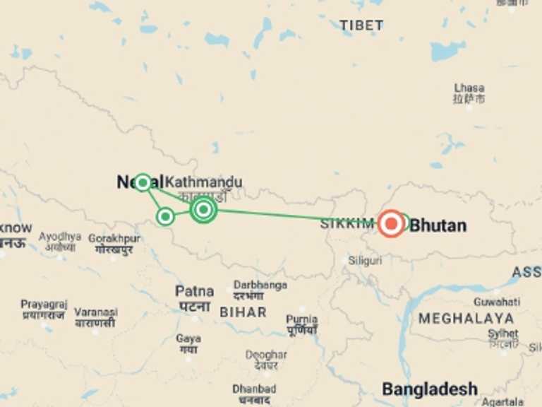 Map itinerary of Thimphu Tour in June 2026 with 6 destination visits for the trip: Mesmerising Nepal and Bhutan