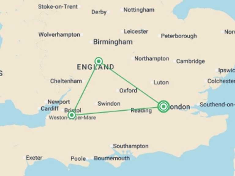 Map itinerary of Europe Tour in Fall with 3 destination visits for the trip: Heart of England