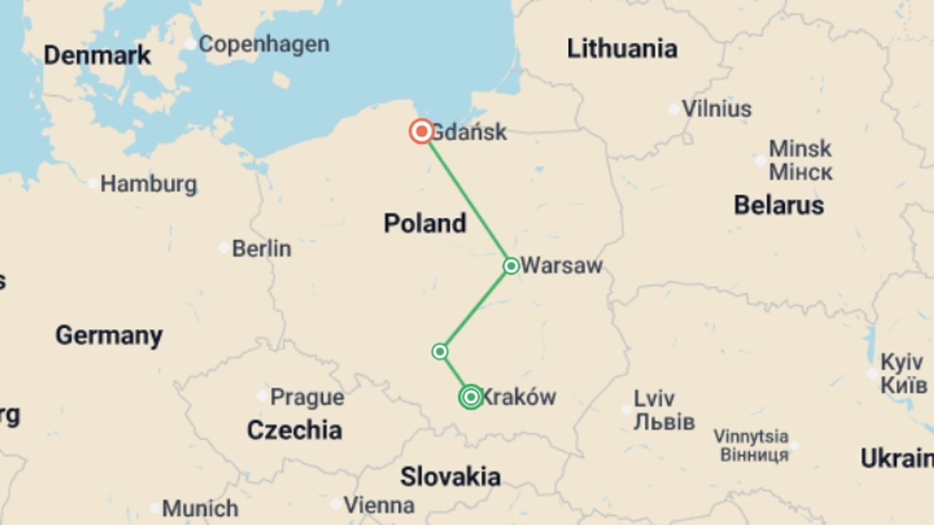A map showing the tour itinerary for the trip: Highlights of Poland - 7 Days, starting in Krakow, Poland and ending in Gdansk, Poland going through 1 other destinations.