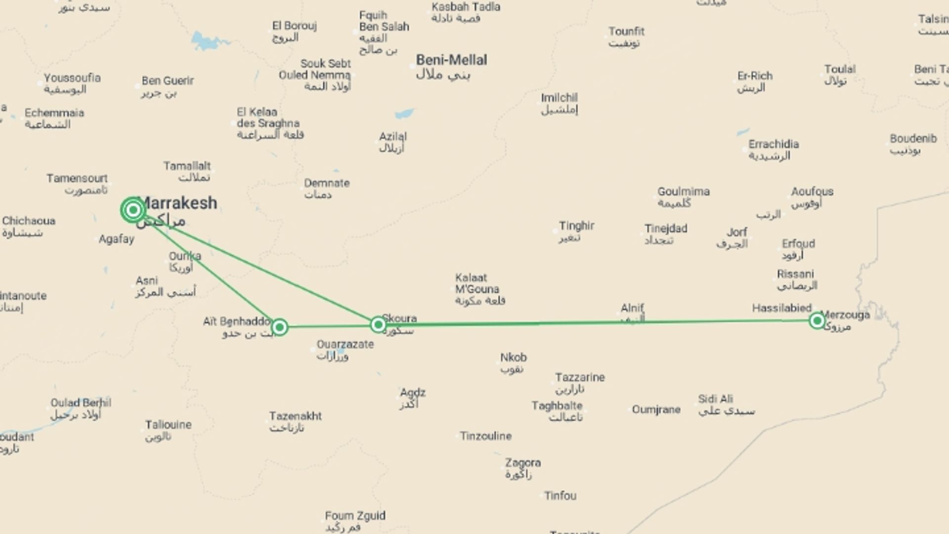 A map showing the tour itinerary for the trip: Moroccan Desert Adventure: River Canyons & Camels, starting in Marrakech, Morocco and ending in Marrakech, Morocco going through 3 other destinations.