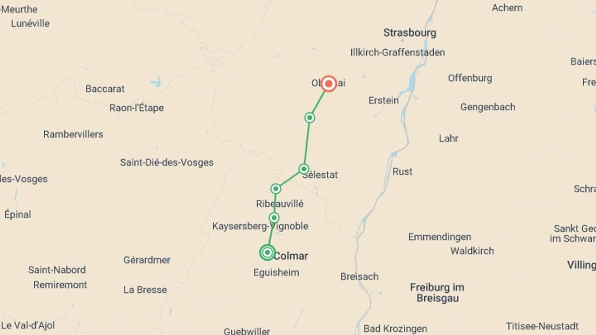 A map showing the tour itinerary for the trip: Alsace Vineyard Trails, starting in Turckheim, France and ending in Obernai, France going through 5 other destinations.