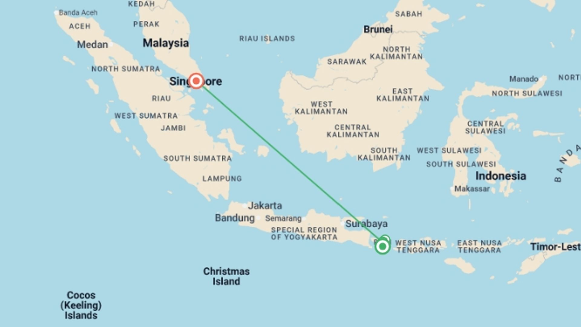 A map showing the tour itinerary for the trip: Bali & Singapore Uncovered - 11 days, starting in Denpasar, Indonesia and ending in Singapore, Singapore going through 2 other destinations.