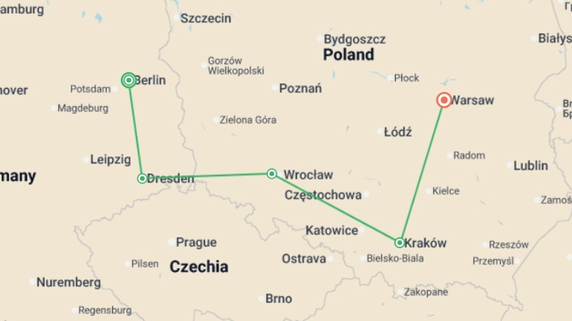 A map showing the tour itinerary for the trip: Best of Berlin & Poland - 9 days, starting in Berlin, Germany and ending in Warsaw, Poland going through 3 other destinations.