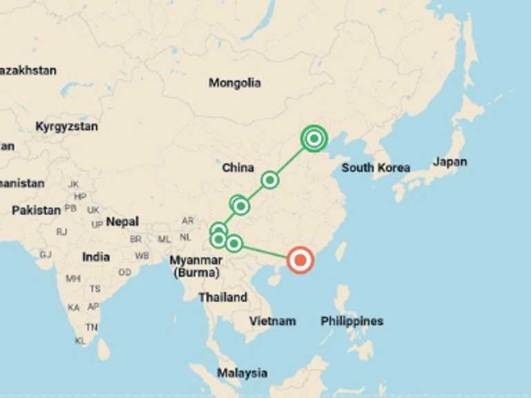 Map of Kunming Tour with 7 destination visits for the trip: Beijing, Chengdu, Lijiang & Dali - 14 days