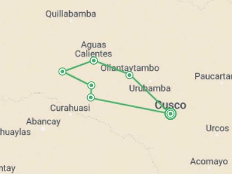 Map itinerary of Peru Tour in May 2027 with 5 destination visits for the trip: Salkantay Trek