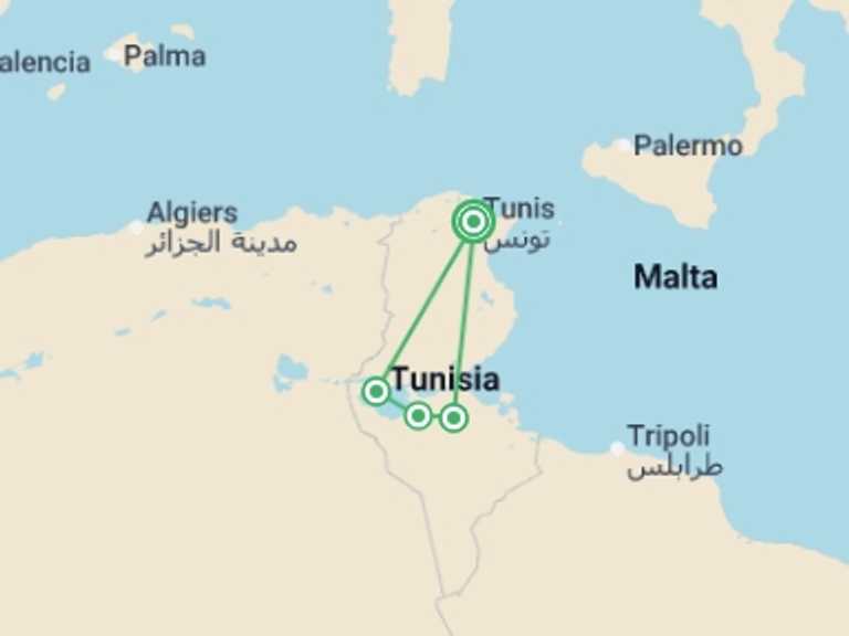 Map of 9-Day Cape Town Tour with 5 destination visits for the trip: Tunisia Eclipse Adventure 2027