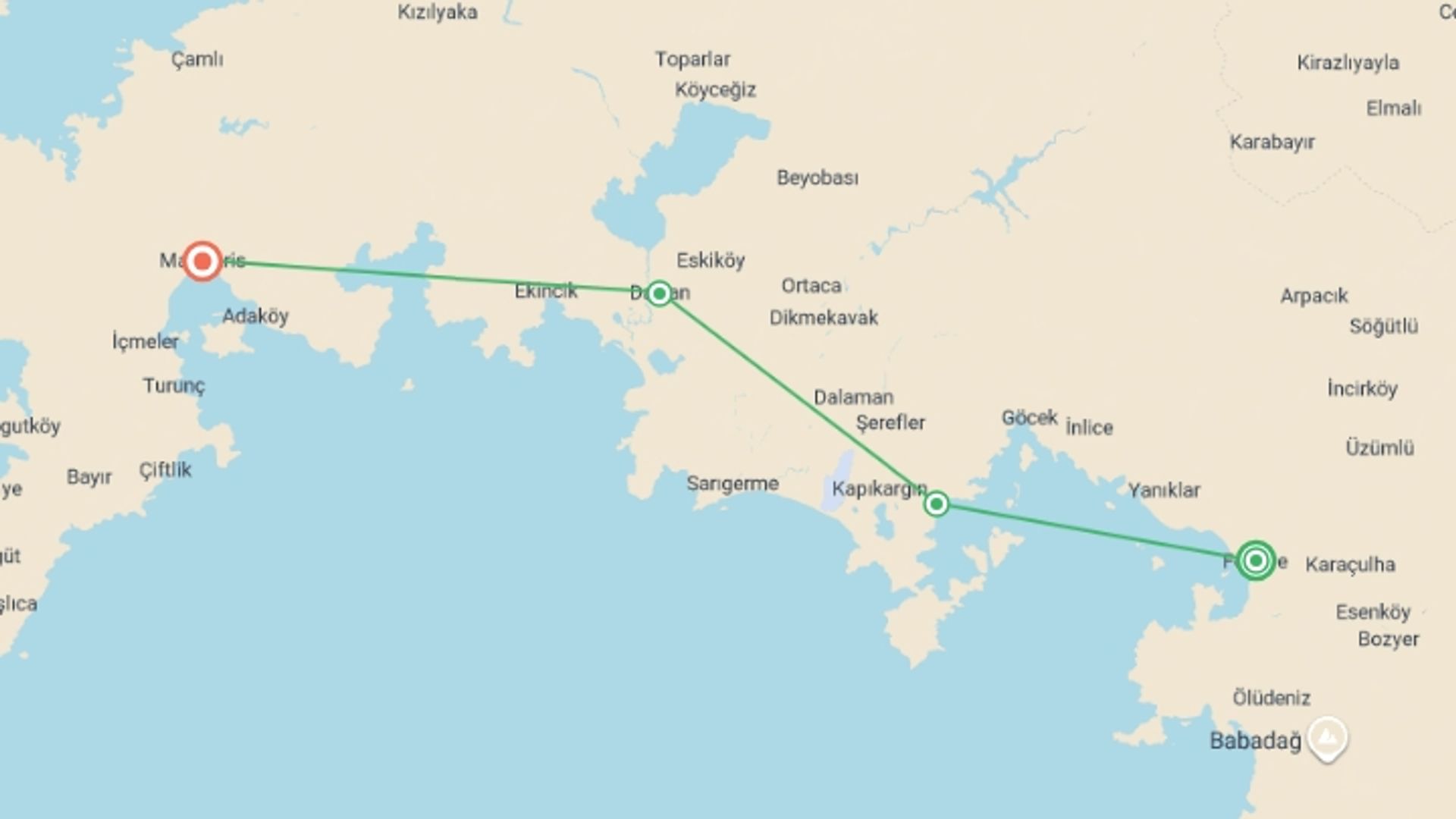 A map showing the tour itinerary for the trip: Gocek Explorer Fethiye to Marmaris, starting in Fethiye, Turkey and ending in Marmaris, Turkey going through 2 other destinations.