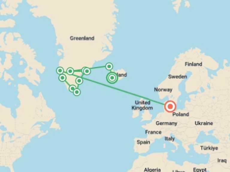 Map of Europe Tour with 11 destination visits for the trip: Greenland Explorer(Ocean Victory)