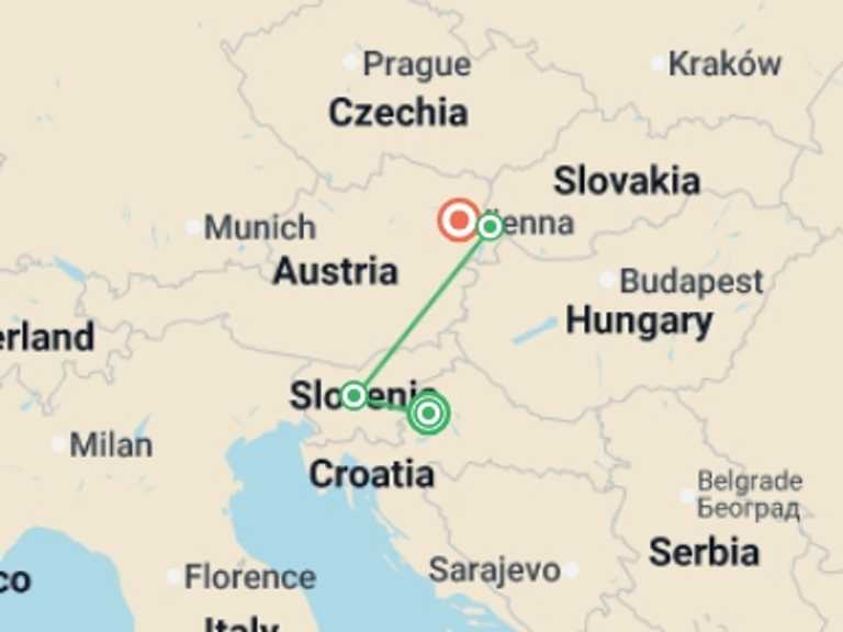 Map of 8-Day Europe Tour with 4 destination visits for the trip: Christmas Markets of Croatia, Slovenia and Austria