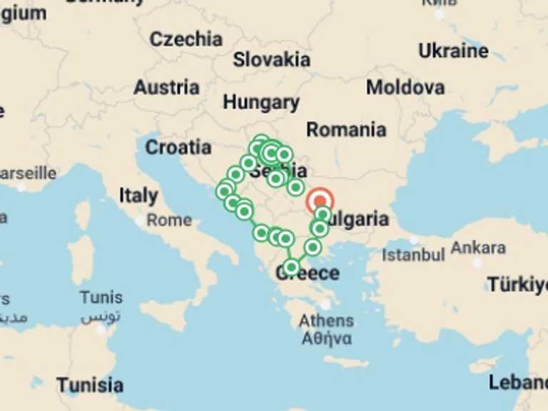 Map itinerary of Sarajevo Tour in February 2026 with 11 destination visits for the trip: Jewels of Serbia and the Balkans