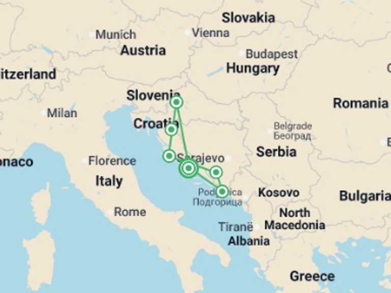 Map of Europe Tour with 6 destination visits for the trip: Highlights Of Croatia With Plitvice, Self-drive (multi Country)