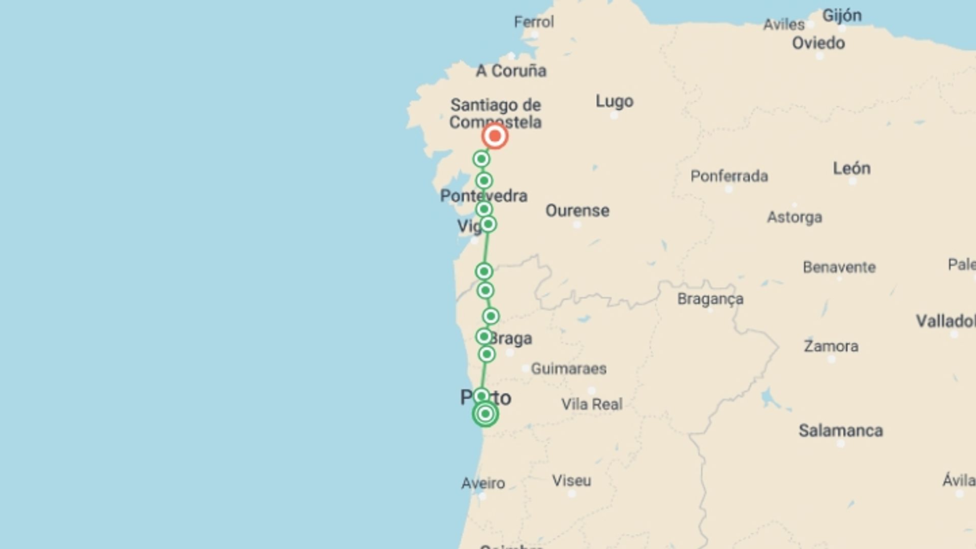 A map showing the tour itinerary for the trip: Portuguese Camino - Porto to Santiago, starting in Porto, Portugal and ending in Santiago De Compostela, Spain going through 10 other destinations.