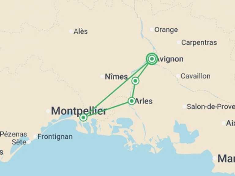 Map itinerary of France Tour in Winter with 5 destination visits for the trip: Christmas Cruise on the Canals of Provence Historical stops and flavors of yesteryear
