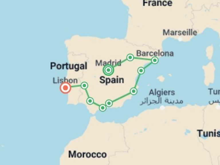 Map itinerary of Lisbon Tour in December 2025 with 10 destination visits for the trip: Spanish Ring with Lisbon (without Alhambra)