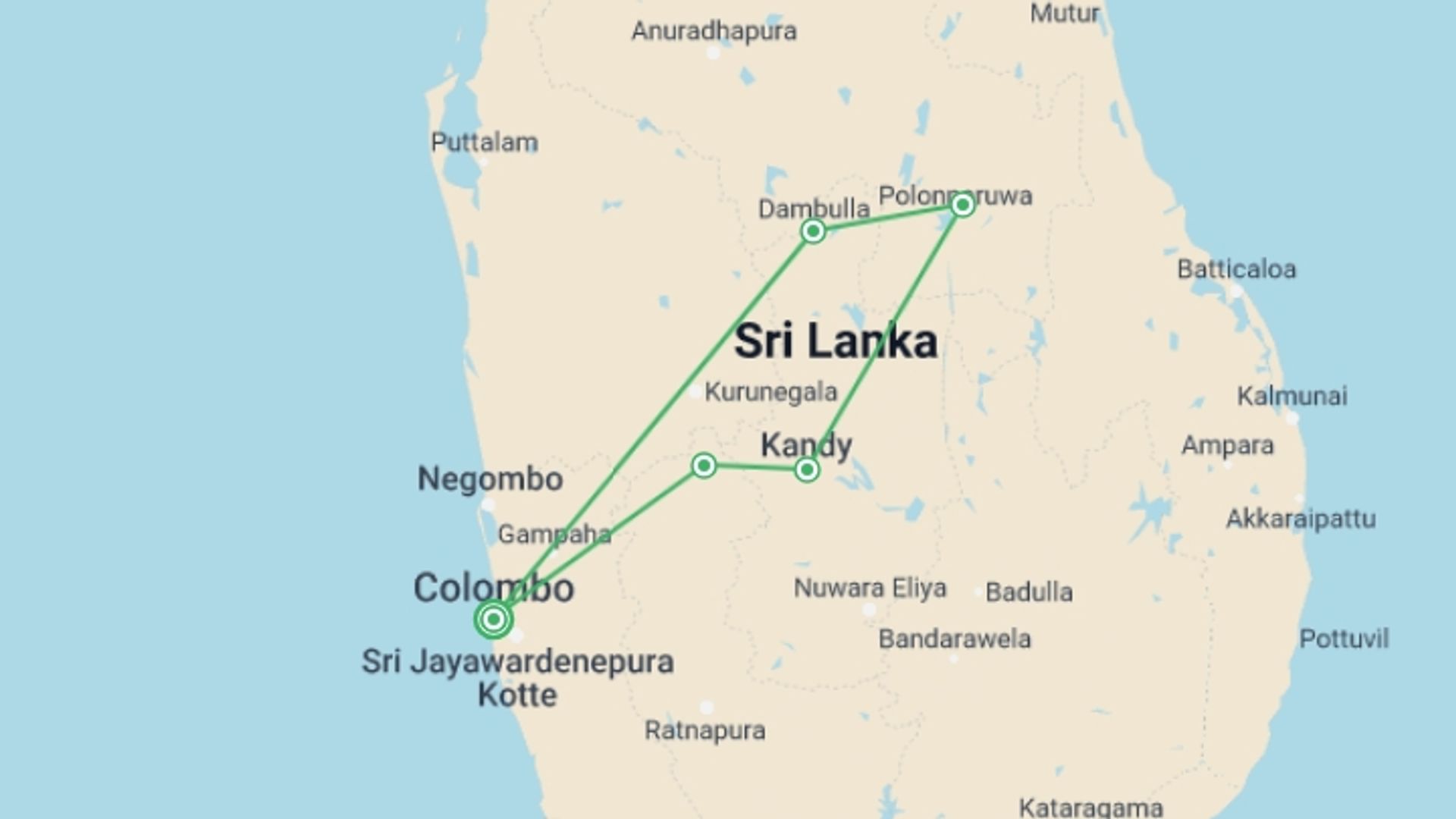 A map showing the tour itinerary for the trip: Cultural Tour, starting in Colombo, Sri Lanka and ending in Colombo, Sri Lanka going through 2 other destinations.