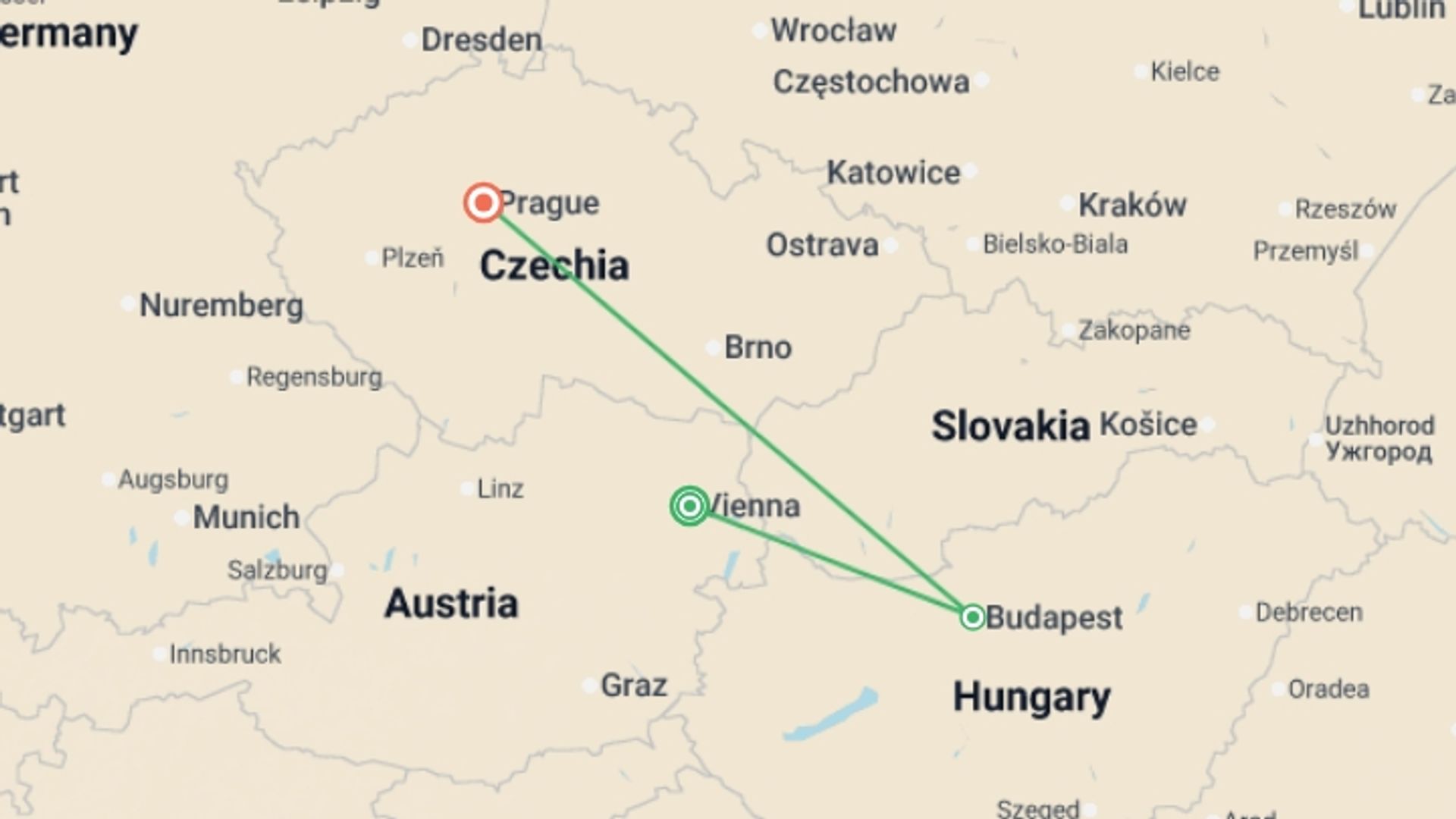 A map showing the tour itinerary for the trip: Vienna to Prague Central Europe Discovery - 6 days, starting in Vienna, Austria and ending in Prague, Czech Republic going through 3 other destinations.