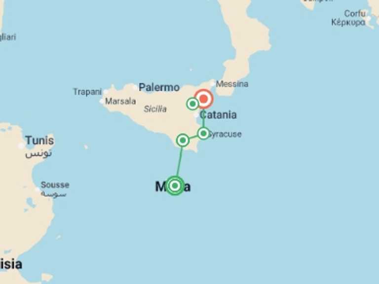 Map of Europe Tour with 4 destination visits for the trip: Old World Sicily & Malta 