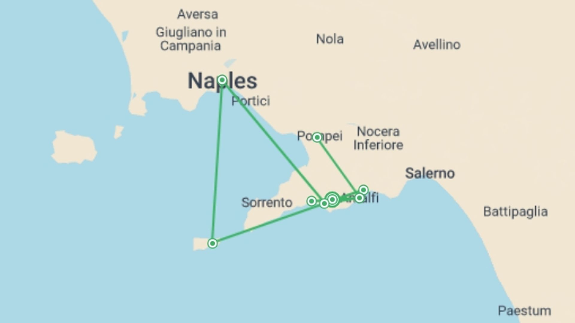 A map showing the tour itinerary for the trip: Highlights of the Amalfi Coast, starting in Bomerano, Italy and ending in Bomerano, Italy going through 6 other destinations.