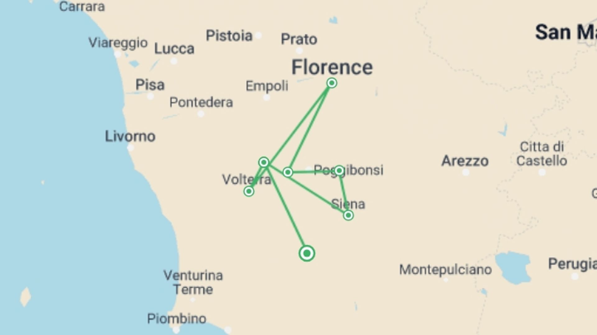 A map showing the tour itinerary for the trip: Discover Tuscany: Culture, Food & Wine, starting in Tuscany, Italy and ending in Tuscany, Italy going through 6 other destinations.