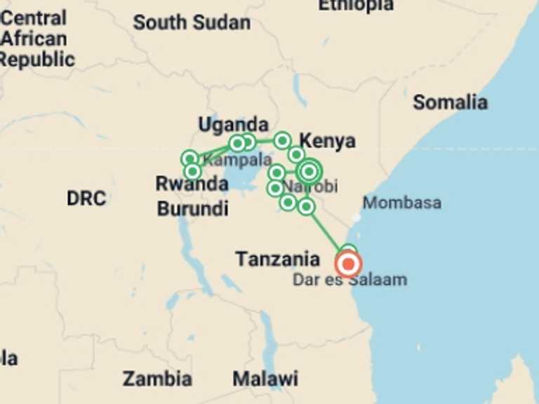Map of Nairobi Gorilla and chimpanzee tracking Tour with 14 destination visits for the trip: 28-day Game Parks, Gorillas  Zanzibar Accommodated