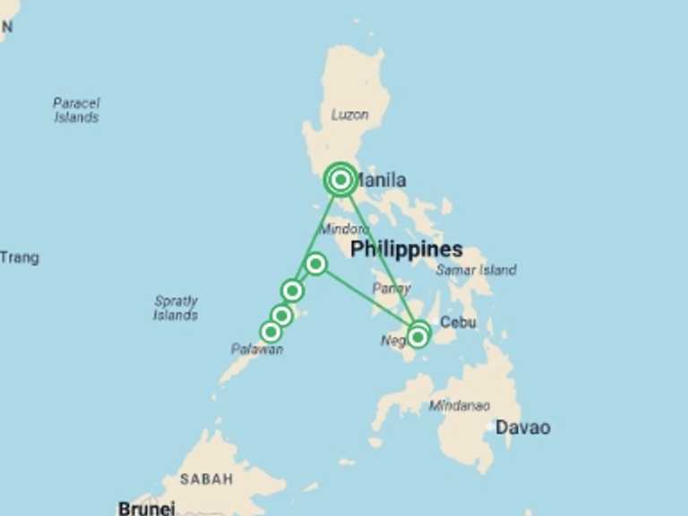 Map itinerary of Philippines Tour in October 2026 with 7 destination visits for the trip: Philippines Island Explorer 17 day