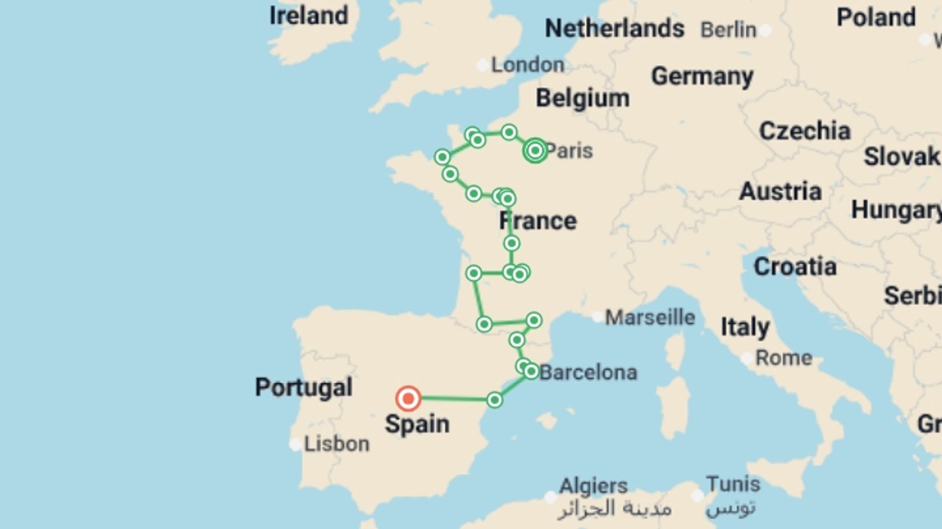 A map showing the tour itinerary for the trip: Lovely France and Spain, starting in Paris, France and ending in Madrid, Spain going through 9 other destinations.