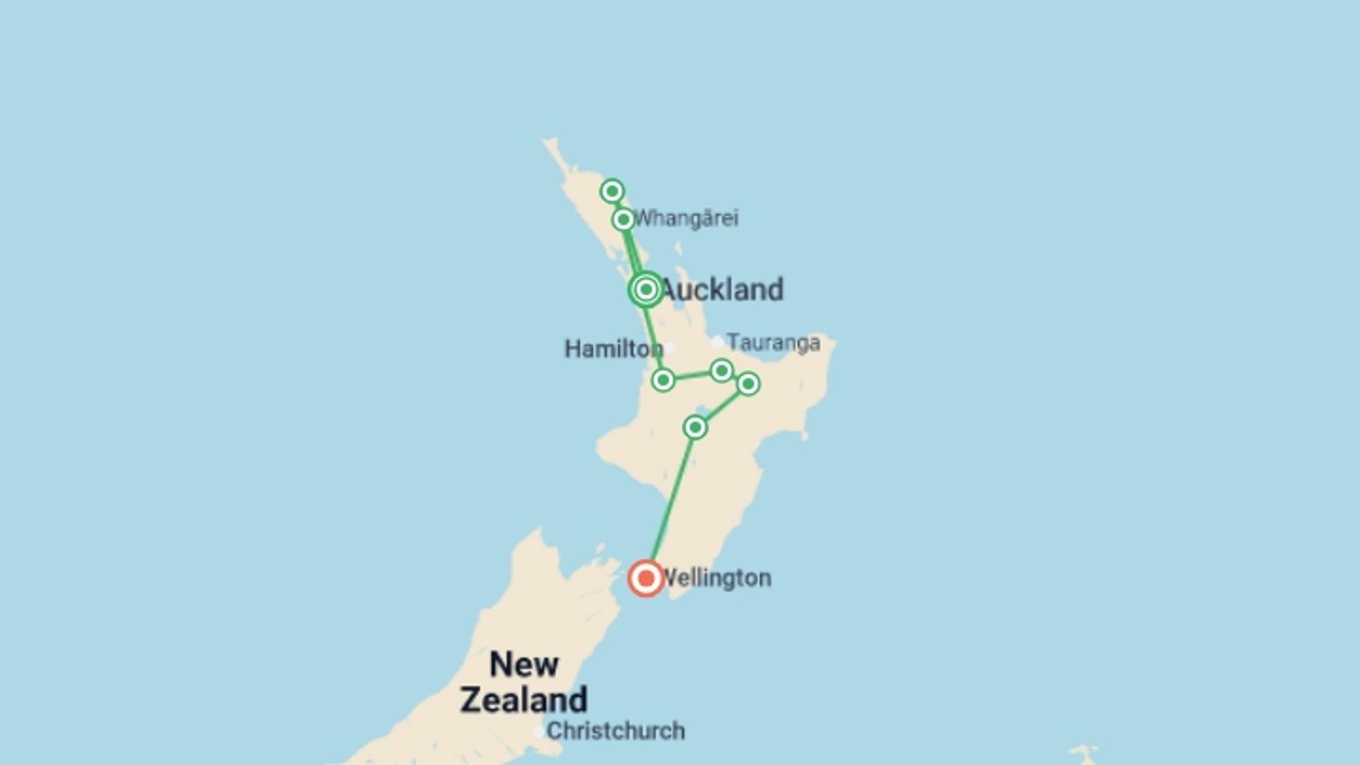 A map showing the tour itinerary for the trip: Delve Deep: New Zealand North Island, starting in Auckland, New Zealand and ending in Wellington, New Zealand going through 5 other destinations.