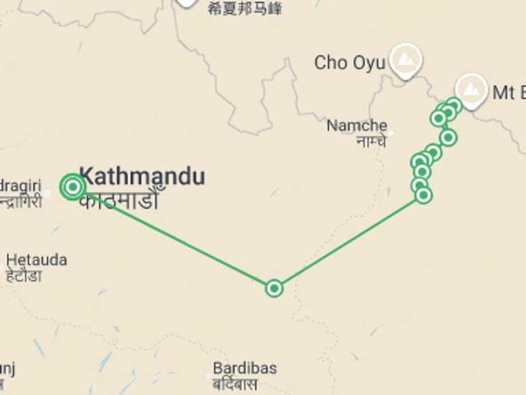 Map of Everest Base Camp trek Tour with 12 destination visits for the trip: Everest Base Camp Trek in Comfort